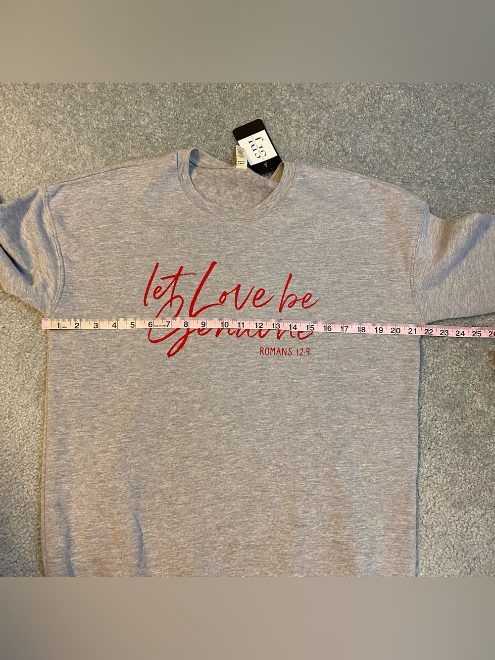 Let Love Be Genuine Bible Verse Romans Grey Crewneck Pullover NWT Womens Medium - Picture 6 of 7